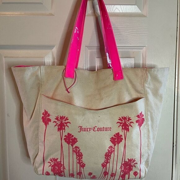 Juicy Couture beige and coral pink large cotton tote bag snap closure. - Picture 1 of 16